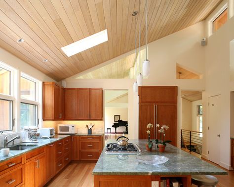 Kitchen Shed Roof Design Shed Ceiling Ideas, Sloped Ceiling Lighting, Vaulted Ceiling Lighting, Vaulted Ceiling Kitchen, Modern Kitchen Lighting, Pitched Ceiling, Angled Ceilings, Slanted Ceiling, Eclectic Kitchen