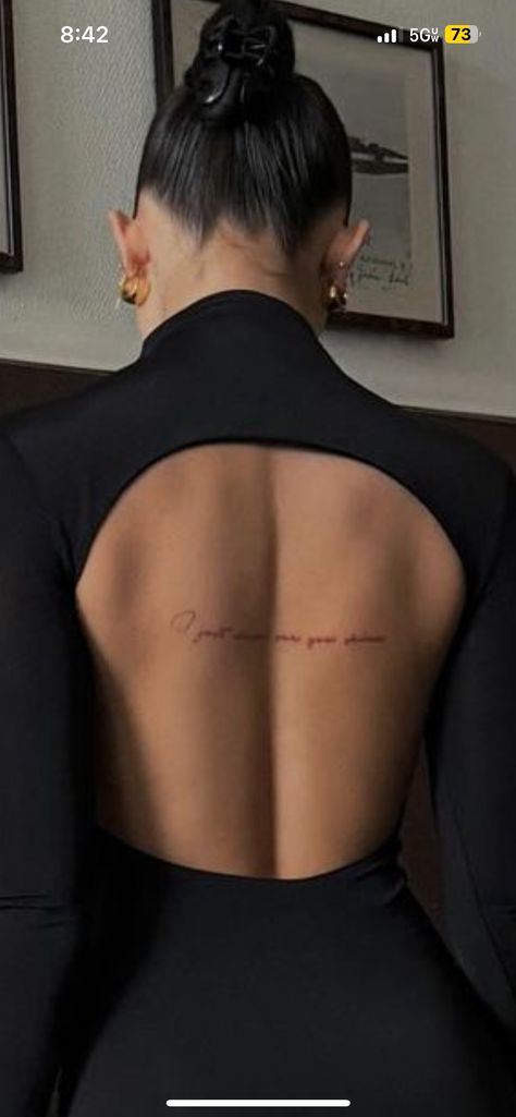 Women’s Small Neck Tattoo, Small Script Back Tattoo, Back Tattoo Women Horizontal, Back Tattoo Quotes Placement, Spanish Back Tattoo Women, Back Quote Tattoo Women Horizontal, Horizontal Back Tattoo Women, Elegant Tattoos Back, Word Back Tattoos For Women