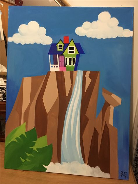 Aesthetic Disney Painting, Paintings From Movies, Disney Theme Painting, Paradise Falls Up, Up Acrylic Painting Disney, Disney Painting Ideas On Canvas Easy, Up Painting Disney Easy, Simple Cool Paintings, House From Up Painting