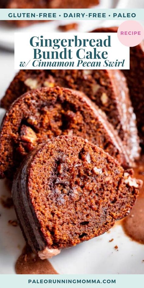 This grain free and paleo Gingerbread Bundt Cake is moist and tender, with a sweet cinnamon maple pecan swirl! Topped with a sweet maple glaze, this gluten-free, dairy-free cake is sure to be a favorite for the holiday season! Gf Gingerbread Cake, Paleo Gingerbread Cake, Gluten Free Gingerbread Bundt Cake, Gluten Free Ginger Cake, Grain Free Cake Recipe, Paleo Christmas Baking, Grain Free Cake, Paleo Coffee Cake, Paleo Gingerbread Cookies