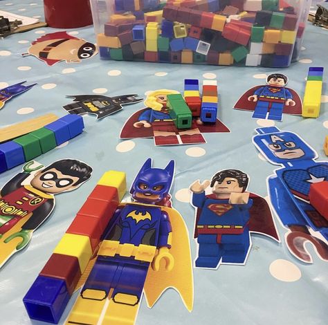 Measuring superhero’s with cubes! #eyfs #eyfsmaths #superheros #earlyyearsideas Superhero Nursery Activities, Superhero Provision Eyfs, Real Life Superheroes Eyfs, Superhero Provocation, Superhero Maths Activities Eyfs, Superhero Continuous Provision, Superhero Reception Ideas, Superhero Kindergarten Activities, Shape Space And Measure Eyfs Activities