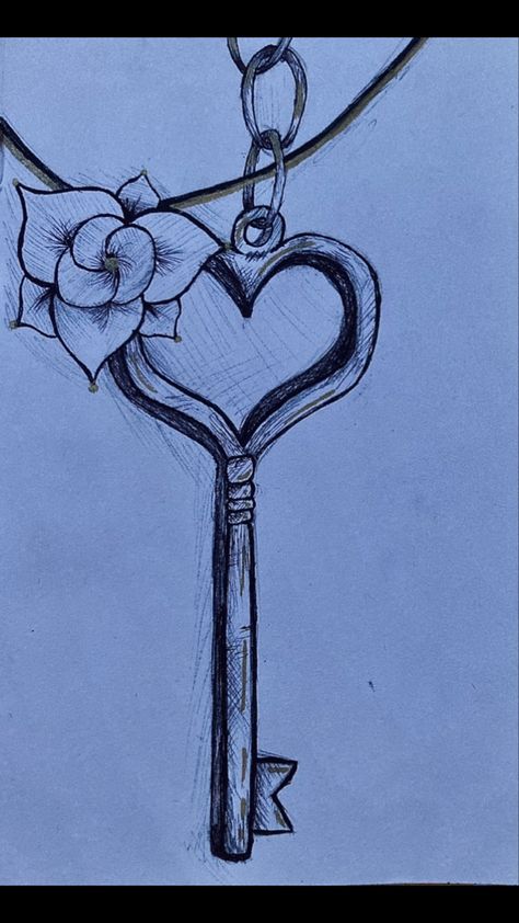 Drawing of a heart key and flower Lock And Key Drawing Sketches, Lock Sketch Drawings, Key And Lock Drawing, Heart Drawings Love, Key To My Heart Drawing, Key Hole Drawing, Key Drawing Simple, Lock And Key Drawing, Drawing Heart Love