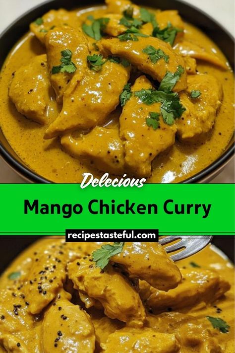 Mango Chicken Curry combines tender chicken, sweet mango, and warm spices in a creamy coconut sauce. This vibrant dish is perfect for a comforting and delicious dinner. Mango Chicken Recipes, Creamy Coconut Sauce, Creamy Curry Sauce, Creamy Coconut Chicken, Mango Chicken Curry, Creamy Curry, Mango Curry, Mango Chicken, Festive Appetizers