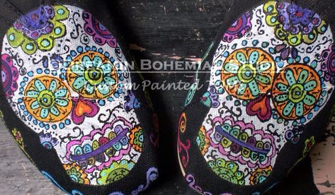 I am clearing out my stash! My loss is your gain. Lots of items to go, so keep checking back! Here is a custom painted pair of womens size 7 black painted classic TOMS with sugar skulls and crystals on them. Perfect for Back to school! 100.00 shipped! I do not sell these any longer but I had a pair on my shelves. I'd keep them if they fit me! Never been worn and ready to ship! #sugarskulls #paintedshoes #TOMS Sugar Skull Painting, Hand Painted Toms, Black Canvas Shoes, Dead Hand, Painted Toms, Skull Shoes, Halloween Shoes, Day Of The Dead Skull, Sugar Skull Art