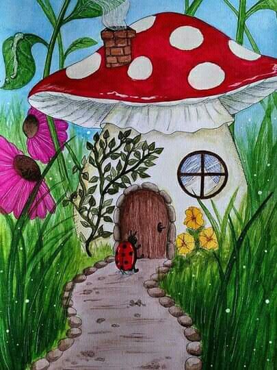 Mushroom Houses Paintings, Whimsical Garden Art Drawing, Cottagecore Canvas Painting Easy, Gnome House Painting, Knome Houses Drawing, Fairy Painting Ideas Easy, Fairy Garden Painting Canvas, Fairy Garden Drawing Simple, Gnome House Drawing