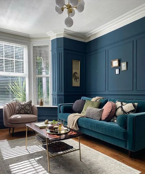 Farrow and Ball Hague Blue living room paint Cream Living Room Ideas, Moody Living Room Ideas, Blue And Cream Living Room, Blue Walls Living Room, Cream Living Room, Faux Fur Bean Bag, Navy Living Rooms, Moody Living Room, Fur Bean Bag