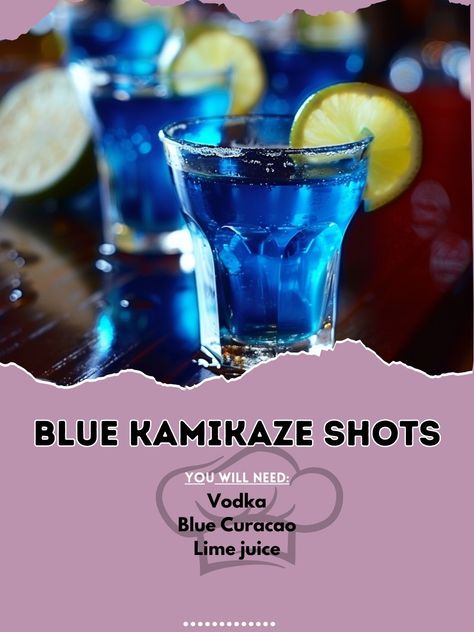 🌀 Dive into the vibrant world of Blue Kamikaze Shots! Bold, blue, and guaranteed to kickstart your party! #BlueBliss Blue Kamikaze Shots Ingredients: Vodka (1 oz (30 ml)) Blue Curacao (1 oz (30 ml)) Lime juice (1 oz (30 ml)) Instructions: Mix vodka, blue Curacao, and lime juice in a shaker with ice. Shake well and strain into shot glasses. 🔵 Ready to light up your night with these electric shots? #kamikazekick Fruity Vodka Drinks, Cocktails With Blue Curacao, Blue Kamikaze, Alcoholic Shots, Lemonade Punch Recipe, Shots Recipes, Vodka Blue, Lemonade Punch, Shots Alcohol