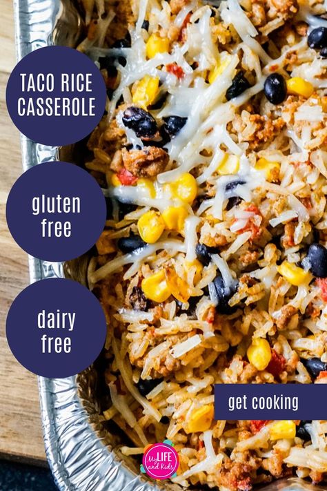 This easy, healthy recipe is gluten free, dairy free AND perfect for the freezer. My entire family loves this Taco Rice Casserole (made without beef). It tastes delicious, and it's a great freezer meal to make ahead and whip out for a quick dinner for our family or to feed a crowd. While this recipe gives dairy free and gluten free modifications, it does not HAVE to be dairy free or gluten free. Make it for dinner tonight or to keep your freezer stocked. Taco Rice Casserole, Casserole Dairy Free, Gluten Free Dairy Free Dinner, Dairy Free Recipes Dinner, Taco Rice, Dairy Free Dinner, Feed A Crowd, Gluten Free Recipes For Dinner, Freezer Meal