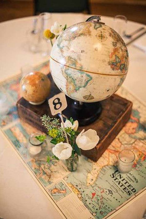 20 Awesome Travel Themed Wedding Ideas - UK Wedding Styling & Decor Blog - The Wedding of My Dreams Travel Centerpieces, Travel Theme Bridal Shower, Vintage Travel Themes, Wedding Table Themes, Travel Party Theme, Tafel Decor, A Globe, Wedding Travel, Travel Theme Wedding