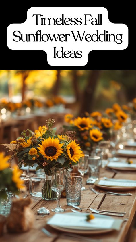 A rustic fall wedding featuring vibrant sunflower bouquets and enchanting table settings, perfect for creating a warm autumn atmosphere. Sunflowers Fall Wedding, Sunflower Fall Bouquet, Fall Wedding Vibes, Rustic Spring Wedding Ideas, October Wedding Ideas Outdoor, Rustic Sunflower Wedding Ideas, Wedding Fall Centerpieces, Fall Wedding Sunflowers, Country Wedding Table Decorations