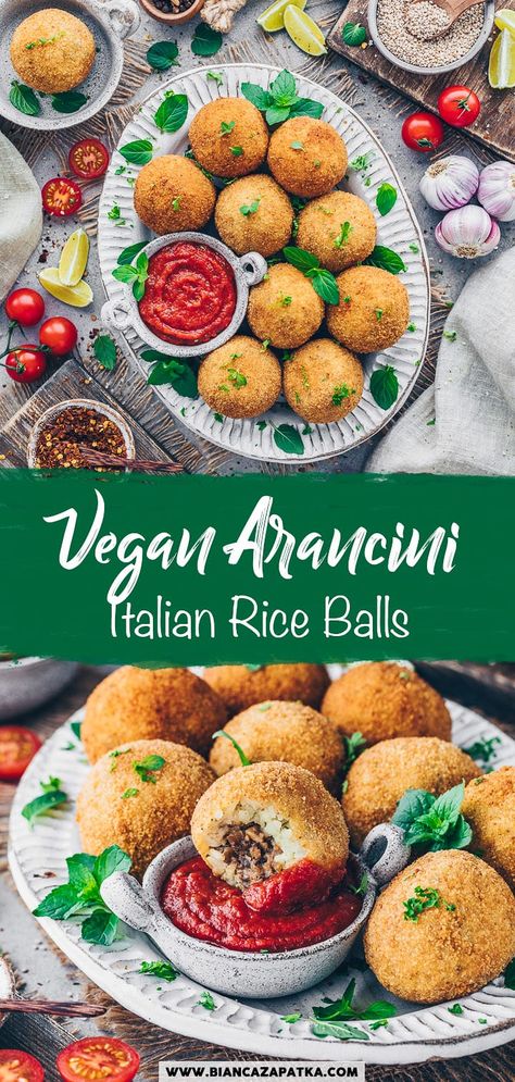 Vegan Boudin Balls, Vegan Arancini Balls, Vegan Rice Balls Recipe, Mushroom Rice Balls, Vegan Hosting Food, Vegan Sushi Balls, Vegan Sicilian Recipes, Vegan Rice Balls, Street Food Vegetarian