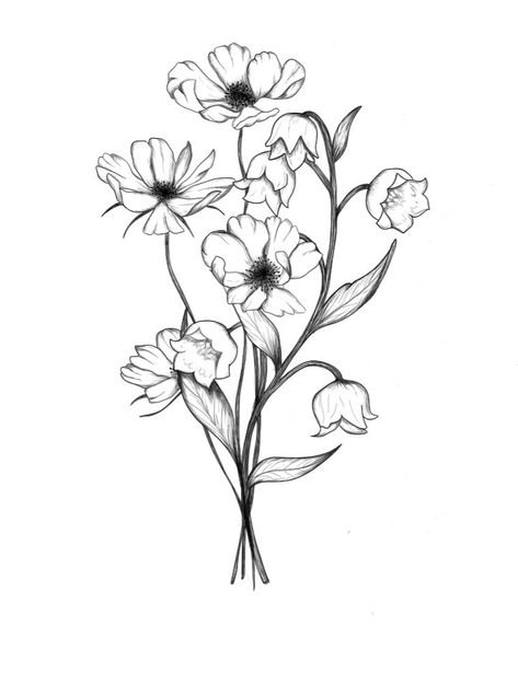 #Octoberbirthflower #maybirthflower #finelinetattoo #flowertattoo #bouquettattoo #birthmonthflowers Cosmos And Lily Of The Valley Tattoo, Fine Line Lily, Cosmos Tattoo, Flower Tat, October Birth Flowers, May Birth Flowers, Bouquet Tattoo, Family Flowers, Lily Of The Valley Flowers