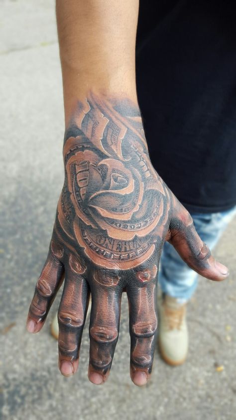 Money rose More Money Rose Tattoo, Money Bag Tattoo, Full Hand Tattoo, Hand Tattoo Designs, Skeleton Hand Tattoo, Skull Hand Tattoo, Rose Hand Tattoo, Money Rose, Realistic Tattoo Sleeve