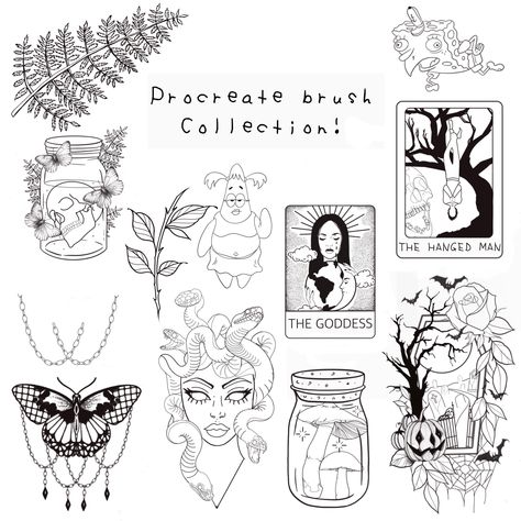 This is a bunch of my flash for tattoos. I turned them into flash for your procreate brushes. There is cartoons, floral, birds, skulls and so much more. Flash Tattoo Placement, Evil Eye Art, Floral Work, Spooky Tattoos, Floral Tattoo Design, Collar Bone Tattoo, Girly Tattoos, Cute Doodles Drawings, Tattoo Flash Art