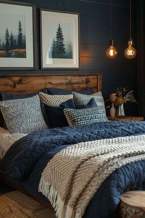 Bedroom Ideas Low Light, Darker Room Ideas, Minimalist Cabin Decor, Manly Farmhouse Decor, Mountain Themed Guest Room, Mountain Guest Bedroom, Navy Blue Western Bedroom, Farmhouse Modern Bedroom Ideas, Dark Green Masculine Bedroom