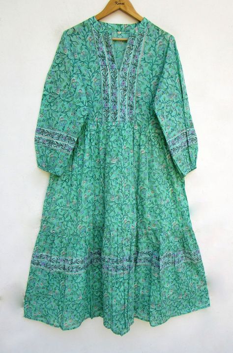 "ITEM DESCRIPTION beautiful hand block printed maxi dress - v neckline summer maxi dress - long sleeve boho maxi dress Features: Long sleeve, V neck, Long dress Material: Cotton cambric Fabric: 100% cotton soft light weight ethnic print fabrics  Sleeve Length = 22 inch For more sizes & their measurement, please refer our below chart to understand the sizes variations available with us For your size requirement, please mention your size in seller note at the time of buying. SIZE MEASUREMENT  BUST Summer Dress Long Sleeve, Long Sleeve Boho Maxi Dress, V Neck Long Dress, Long Frock Designs, Simple Pakistani Dresses, Designer Dresses Casual, Stylish Dresses For Girls, Summer Maxi, Long Summer Dresses