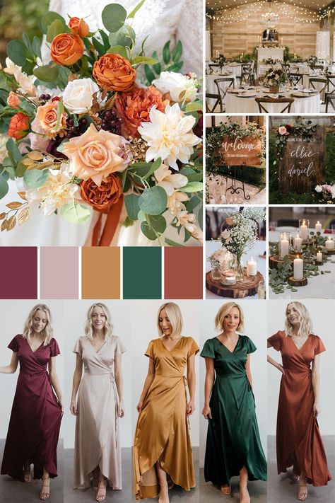 Classic, modern, and touch of rustic. Whimsical Fall Wedding Colors, Rustic Boho Bridesmaid Dresses, Color Scheme Bridesmaid Dresses Rust, Mismatched Bridesmaid Dresses Fall Autumn Color Palettes, Rust Red Color Palette Wedding, Terracotta Spring Wedding Palette, Mixmatch Rust Bridesmaid Dresses, Fall Jewel Tone Wedding, Mixmatch Fabric Rust Bridesmaid Dresses