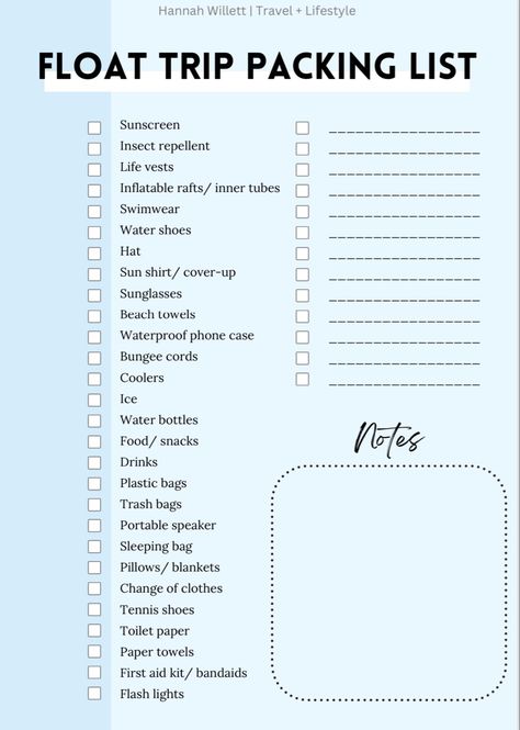 Float trip essentials: the ultimate printable packing list (PDF download) Kayak Packing List, Float Trip Essentials Food, Rafting Trip Packing List, Bachelorette River Float, River Day Essentials, Frio River Packing List, Canoe Trip Packing List, Boat Packing List, Floating The River Essentials