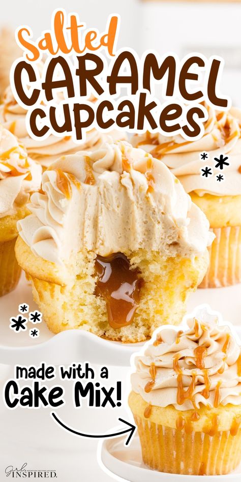 Salted caramel cupcakes are light, fluffy, made with a box cake mix, filled with salted caramel, and topped with an ultra-thick and fluffy caramel frosting. Flavor Cupcakes, Easy Cupcake Filling Ideas, Caramel Cupcakes Recipe, Vanilla Cupcake Flavor Ideas, Mini Cupcake Flavors, Cupcakes With Caramel, Desserts In Cupcake Liners, Bake Sale Cupcake Ideas, Coffee Cupcakes With Box Cake