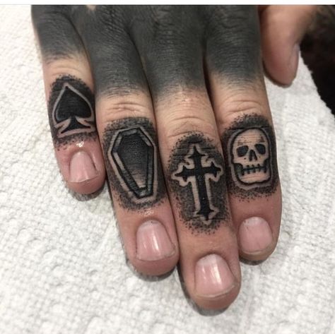 Biker Finger Tattoo, Traditional Finger Tattoos For Men, Horror Finger Tattoos, Coffin Finger Tattoo, Finger Tattoo Cover Up, Thumb Tattoos Men, Finger Tattoos For Guys, Mens Finger Tattoos, Finger Tats Men