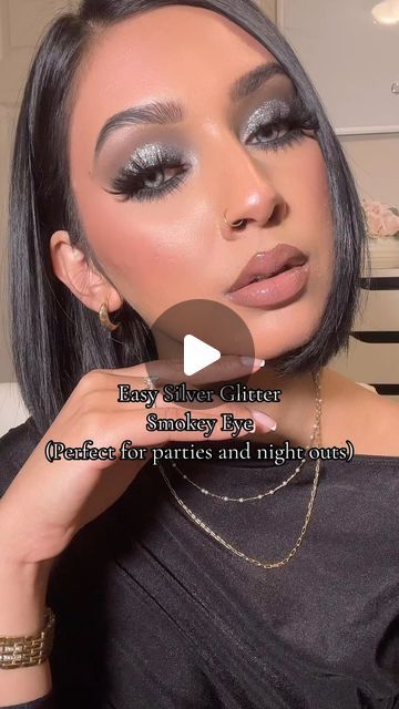 Rashna Kutwaroo on Instagram: "An Easy Silver Smokey Eye Glam 🤍🖤 Is this a YAS or NO for you? .  . Products Used: @toofaced - Kissing Jelly Gloss (Raspberry) @vasanticosmetics - Kajal Eyeliner (Intense Black) @anastasiabeverlyhills - Sultry Mini Eyeshadow Palette  @musaglitter - Pressed Glitter (No6 Atalia) @kissproducts - Lash Couture (Matte Velvet) @benefitcanada - Fan Fest Mascara  . . #smokeyeye #glittersmokeyeye #silvereyeshadow #silversmokeyeye #silverglitter #makeupforbeginners #easyeyeshadow #partymakeup #fullglam #fullglammakeup #eyeshadowideas #easymakeup #eyeshadowtutorial" Silver Eye Makeup Look, Eyeshadow Looks Black, Black Smokey Eye Makeup Look, Smoky Black Eye Makeup, Black Outfit Makeup Ideas, Smokey Eye With Silver, Black And Silver Smokey Eye, Black And Silver Makeup Looks, Gray Makeup Looks