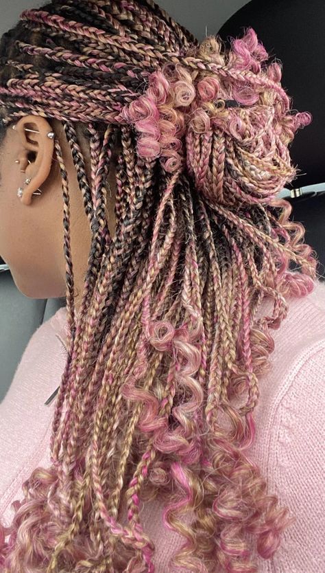 Multiple Color Braids, Easy Quick Braided Hairstyles Black, Pink Peekaboo Highlights Braids, Neopolitan Braids With Curls, Two Front Braids Hairstyle, Braid Colors Ideas, Colored Hair Braids, Half And Half Braids, Braids For Black Women Color