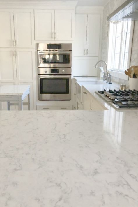 How to Choose the Right White Quartz for Kitchen Countertops - Hello Lovely Quartz Kitchen Countertops White, Types Of Kitchen Countertops, White Kitchen Countertops, White Quartz Counter, White Shaker Kitchen, Classic White Kitchen, Quartz Kitchen Countertops, Quartz Kitchen, White Quartz Countertop