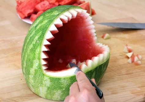 How to make a watermelon fruit bowl that looks like a voracious shark Diy Fruit Bowl, Watermelon Fruit Bowls, Watermelon Shark, Fruit Bouquet Ideas, Fruit Appetizers, Fruit Diet, Decorações Com Comidas, Watermelon Carving, Fruit Kabobs