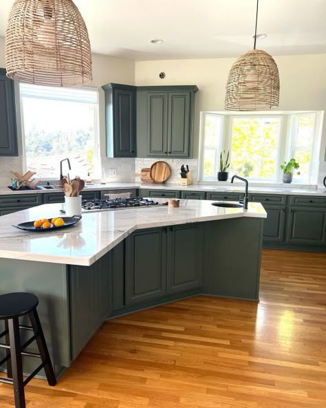 Pewter Green Kitchen Island, Pewter Green Kitchen, Green Coffee Bar, Sherwin Williams Pewter Green, Homburg Gray, Sherwin Williams Green, Green Kitchen Island, Pewter Green, Kitchen Cabinet Inspiration