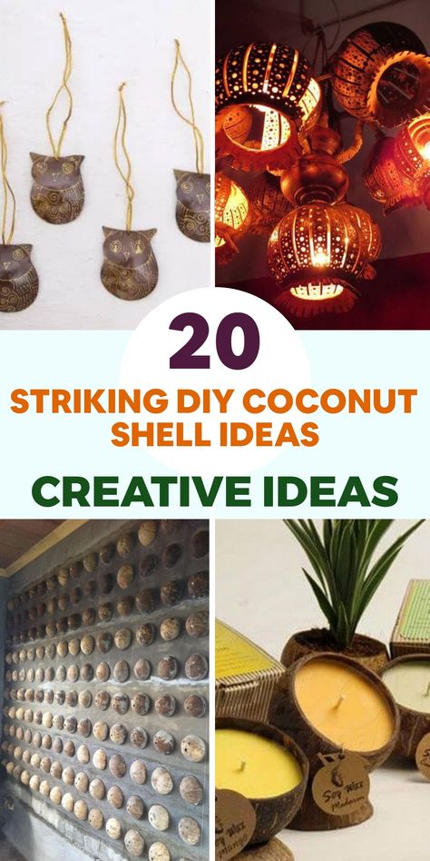 Discover the endless possibilities of using coconut shells in your DIY projects. Transform simple coconut shells into stunning decor pieces that bring a touch of tropical vibes to your living space. By turning coconut shells into unique lamps, you can create a cozy ambiance with natural textures and patterns casting beautiful shadows around the room. Explore your creative side further by crafting wall hangings from painted or carved coconut shells, adding a bespoke touch to your walls. Art From Coconut Shell, Coconut Shell Wall Hanging, Coconut Art Crafts Ideas, Crafts With Coconut Shells, Coconut Art Crafts, Coconut Shell Art, Fly Repellant Diy, Shell Lamps, Chicken Coop Designs Diy