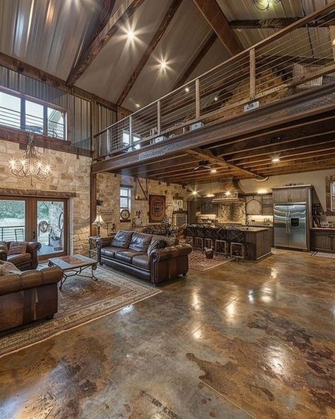 Instagram Barndominium Interior Open Floor Rustic, Barndominium Must Haves, Huge Barndominium, Barndominium Bedroom, Barndominium Interior Open Floor, Inside Barndominium, Farm Style House, Barndominium Interior, Barn House Interior