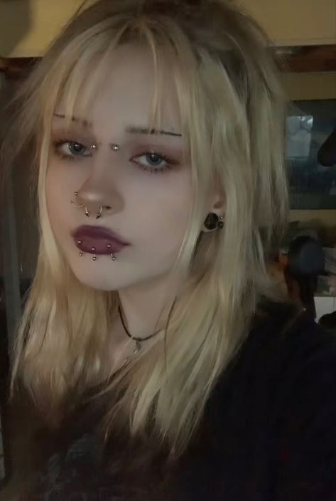 Cute Face Percinings, A Lot Of Piercings Face, Lots Of Piercings Face, Piercing Combos Face, Appearance Change Ideas, Facial Piercings Ideas, Different Face Piercings, Face Peircing, Full Face Piercings