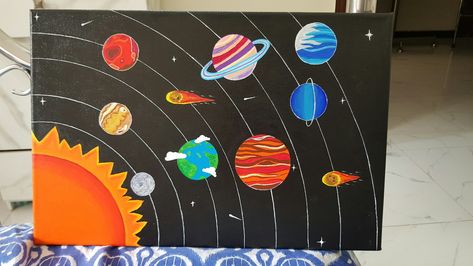 solar system acrylic painting on canvas 12x18 for sale at sanober arts dm for details Solar System Projects Drawing, Solar System Painting Canvas, 2d Solar System Project, Painting Of Solar System, Planets Painting Acrylic, Solar System Painting Acrylic, Solar System Painting Easy, Solar System Drawing Simple, Solar System Drawing For Kids