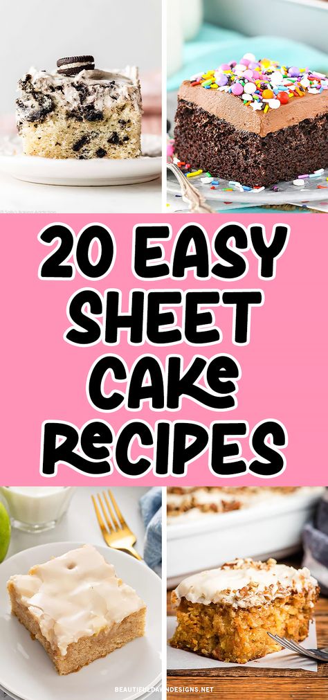 Looking for an easy and delicious dessert option? Try one of these amazing sheet cake recipes that are perfect for any occasion. From birthdays to potlucks, you'll find something to satisfy your sweet tooth. You'll find Banana Sheet Cake, Cookies and Cream Sheet Cake, Pumpkin Sheet Cake, Vanilla Sheet Cake, Chocolate Sheet Cake and more. Sheet Cake Pan Recipes, Delicious Sheet Cake Recipes, Best Sheet Cake Recipe Ever, Easy Cake Icing Ideas, Maple Sheet Cake, Retro Sheet Cake, Cake Mix Sheet Cake Recipes, Sheet Pan Cake Decorating Ideas, Sheet Cake From Box Cake