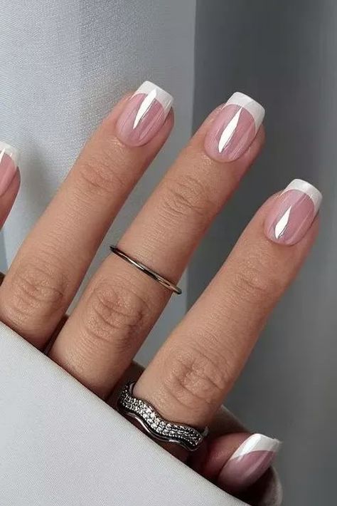 Gel Mani French Tip, Square Round French Tip Acrylic Nails, White Acrylic Nails Ideas Art Designs, Glazed French Nails Square, Rounded Square Acrylic Nails French Tips, Square Chrome Nails French Tip, Gel X French Tip Nails Short, Short Acrylic Nails For Graduation, French Tips On Square Nails