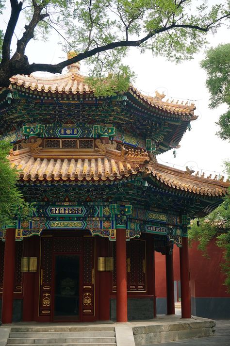 Yonghe Temple tibetan lama temple in Beijing. Tibetan Buddhist monastery,palace. Dongcheng District, Beijing, PRC. Inception 1694.Yonghe Temple (Chinese: 雍和宫, "Palace of Peace and Harmony"), also known as the Yonghe Lamasery, or popularly as the Lama Temple, is a temple and monastery of the Gelug school of Tibetan Buddhism located in Dongcheng District, Beijing, China. The building and artwork of the temple is a combination of Han Chinese and Tibetan styles. Chinese Buddhist Temple, Buddhist Monastery Aesthetic, Japanese Buddhist Temple, Japanese Temple Interior, Chinese Monastery, Buddhist Temple Interior, Monastery Aesthetic, Temple Chinese, Shaolin Monastery