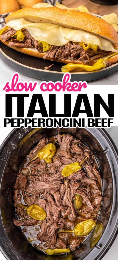 Super tasty Slow Cooker Italian Pepperoncini Beef packs the perfect punch and spends all day cooking in the kitchen so you don't have to! Essen, Italian Beef Crockpot Recipe, Pepperoncini Beef, Crock Pot Sandwiches, Roast Beef Crock Pot Recipes, Italian Beef Recipes, Italian Pot Roast, Crockpot Roast Recipes, Slow Cooker Italian