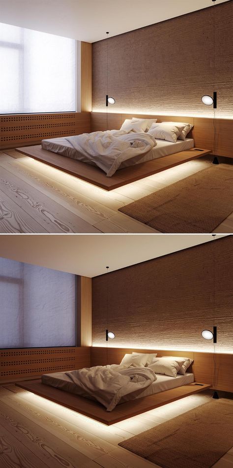 LED Lighting Allows This Bed To Appear As If It's Floating Emily Room, Under Bed Lighting, Bed Frame Plans, Floating Bed Frame, Led Beds, Bed With Led Lights, Bed Frame Design, Floating Bed, Bed Design Modern