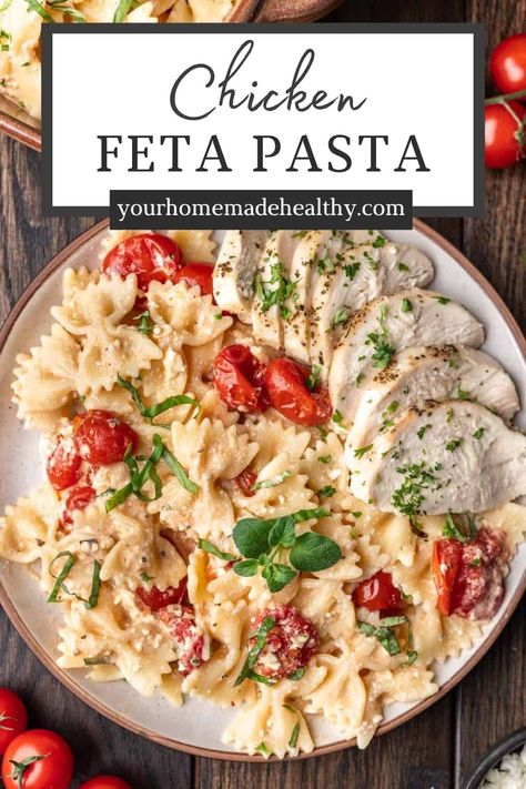 This Chicken Feta Pasta is the perfect weeknight casserole dish. Baked feta cheese, oven-roasted cherry tomatoes, and juicy chicken breasts tossed together with al dente pasta to create a creamy, comforting meal the whole family will love. Chicken Feta Pasta Recipes, Chicken Spaghetti With Roasted Tomatoes, Feta Grape Tomato Pasta, Rotisserie Chicken Feta Recipes, Chicken Tomato Feta Pasta, Chicken Feta Casserole, Feta Tomato Pasta With Chicken, Chicken Feta Tomato Recipe, Chicken With Feta Cheese