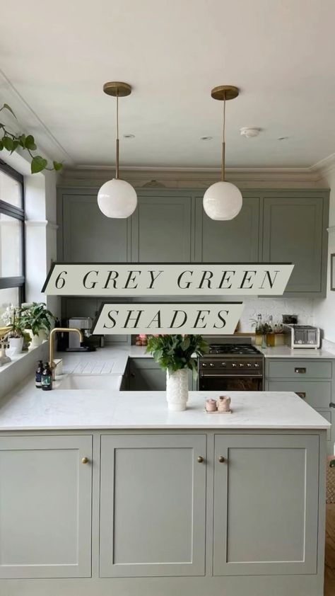 Farrow & Ball on Instagram: “6 Grey Greens 🌿 From soothing #FrenchGray, to soft and calming #Mizzle, grey green shades create the most relaxing spaces wherever used.…” Grey Kitchen Green Accents, Mizzle Kitchen Walls, 2 Tone Kitchen Cabinets Green, Farrow And Ball French Grey Hallway, Mizzle Kitchen Cabinets, Kitchen Wall Colour Ideas Grey Units, Grey Kitchen Green Walls, Mizzle Farrow And Ball Kitchens, Sage Grey Kitchen