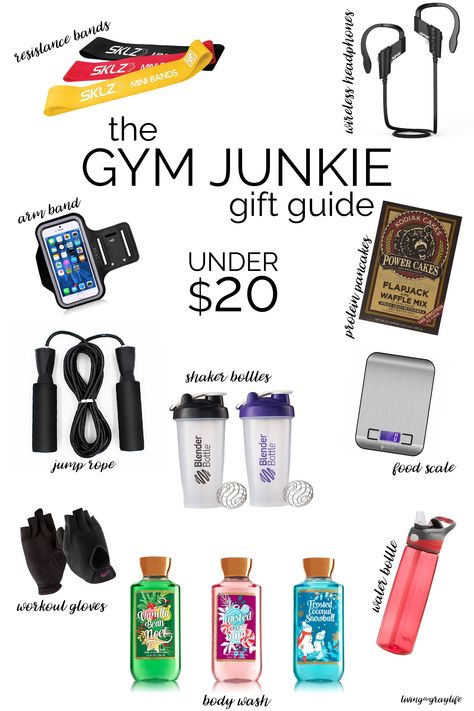 FITNESS GIFT GUIDE. Perfect gifts for the gym junkie in your life. All under $20! | Gym Junkie Gift Guide Fitness Gift Basket, Fitness Gift Guide, Fitness Gifts For Men, Gifts For Gym Lovers, Unisex Christmas Gifts, Fitness Gift, Baskets For Men, Gym Gifts, Fitness Gifts