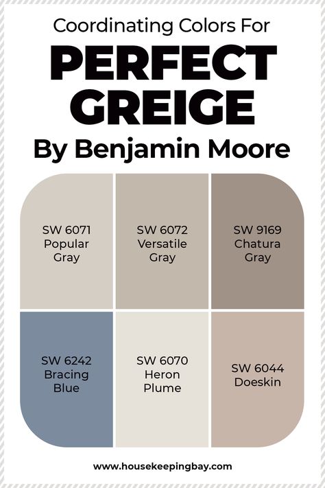 Coordinating Colors For Perfect Greige Grey And Cream Paint Scheme, Perfect Greige Color Palette, Perfect Greige Sherwin Williams Coordinating Colors, Perfect Greige Coordinating Colors, Greige Color Combinations, Perfect Greige Color Scheme, Greige And Blue Living Room, Sw Greige Paint Colors, Sw Perfect Greige