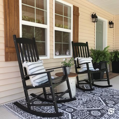 Modern farmhouse front porch. Black rocking chair. Cedar shutters. DIY planters. Porch Paint Ideas, Front Porch Seating Ideas, Front Porch Patio Ideas, Landscaping Front Porch, Front Porch Lights, Front Porch Chairs, Front Porch Landscaping, Front Porch Rocking Chairs, Decoration Front Porch