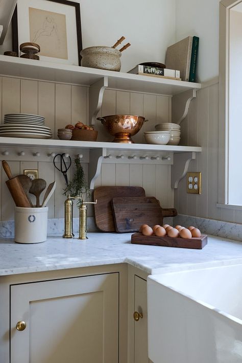 Minimal Traditional Home Interiors, Shelves Above Banquette, French Victorian Kitchen, Kitchen With Angled Ceiling, Short Ceiling Kitchen, Restore A Finish Before And After, Foundation Remodel, Cottage Kitchen Shelves, Dining Room Shelving