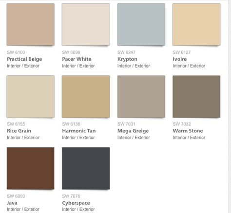 SW color palette Sw Color Palette, Mega Greige, Exterior Color Ideas, Home Curb Appeal, Front Door Color, Living Colors, Stone Interior, Modern Residence, Front Door Colors