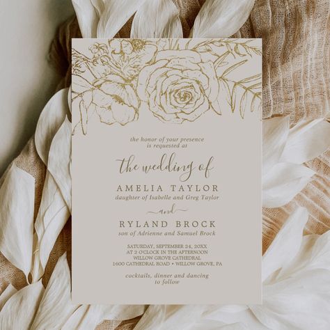 Gilded Floral | Cream Gold Parent's Names Wedding Invitation | Zazzle Cream Invitations Wedding, Ivory And Gold Wedding Invitations, Classic Wedding Card Design, Champagne Wedding Invitations Elegant, Champagne And White Wedding Invitations, Wedding Invitations Gold And White, White Gold Wedding Invitations, Gold And White Wedding Invitations, Gold White Invitation