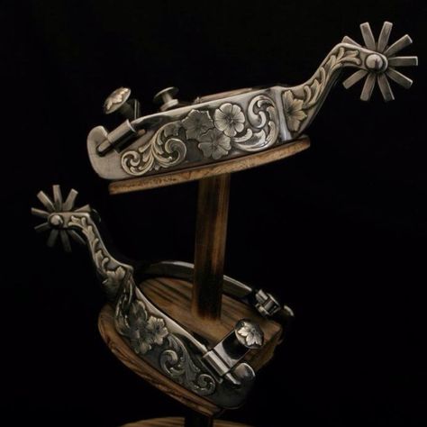 ~J  Pretty spurs. Mecate Reins, Western Spurs, Western Spurs Straps, Cowboy Spurs, Spurs Western, Cowboy Stuff, Cowboy Pictures, Western Artwork, Barrel Saddle