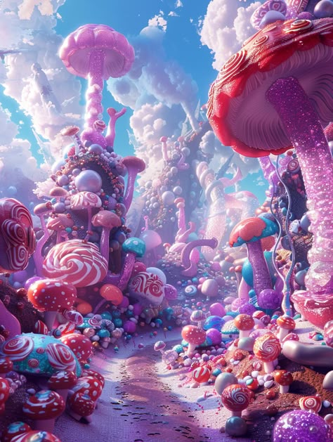 a fantasy world full of marshmallows and candy, in the style of vivid landscapes, mushroomcore, realistic color schemes, whimsical shapes, vray, vibrant neo-traditional, swirling vortexes --v 6 Candy Land Fantasy Art, Candy Land Concept Art, Candy World Aesthetic, Dnd Art Landscape, Candy Landscape, Imagination World, Candy Forest, Charizard Art, Candyland Games