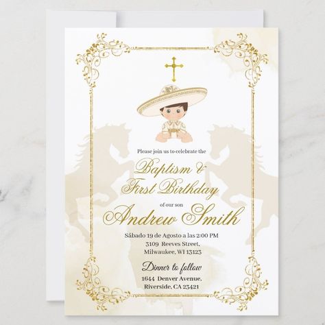 Spanish Mexican Gold Charro Baptism & Birthday Invitation  Zazzle Charro Theme Party For Boys, Charro Decorations, Charro Theme Party, Charro Invitations, Charro Baptism, Twin Boy And Girl, Charro Theme, Horse Invitations, Birthday Pinata