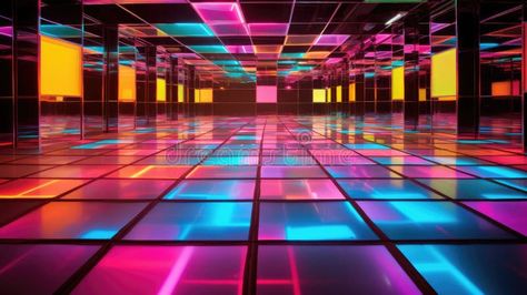 Disco style dance floor in an indoor dance hall. Colorful night club floor. stock photos Neon Night Club, Disco Dance Floor, Disco Floor, Disco Stage, 1970s Disco, Style Dance, Music Project, Disco Club, Disco Style